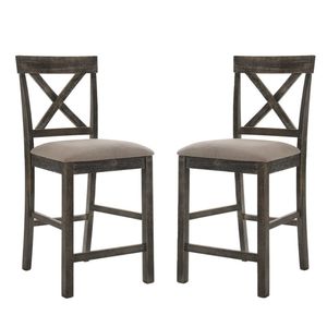 Set di 2 Sgabelli da Bar Alti con Seduta Imbottita in Lino, Colore Beige e Grigio Anticato, con Seduta Confortevole - Product Image 1