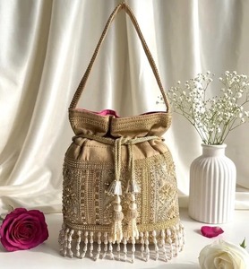 Elegant Light Blue Silk Potli Bag With Gold Beaded Embroidery Pearl Trim Handmade Evening Party Drawstring <b>Purse</b> - Product Image 2