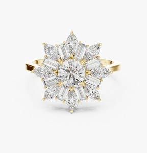 Bague de fiançailles en or jaune 9 carats avec diamant de laboratoire rond de 2 carats, grappe florale et diamants marquise et baguette - Product Image 1