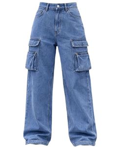 Jean cargo en denim bleu taille haute à jambe large avec plusieurs poches, style urbain décontracté, pantalon ample pour femme, personnalisable OEM - Product Image 1