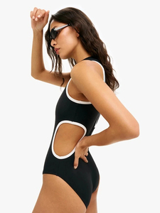 Custom Women's High Neck Cutout One Piece Swimsuit Contrast Piping Halter Monokini Athletic <b>Bathing</b> Suit 2026 - Product Image 5