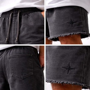 Shorts en coton délavé pour homme, ourlet brut, cordon de serrage, streetwear, décontracté, été, logo personnalisé - Product Image 4