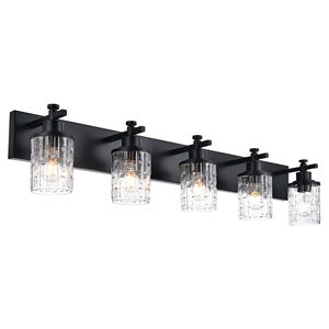 Modern 5/6-<b>Light</b> Bathroom <b>Vanity</b> Lighting Black Industrial Fixture with Clear Grid Glass for Over <b>Mirror</b> <b>Vanities</b> - Product Image 3