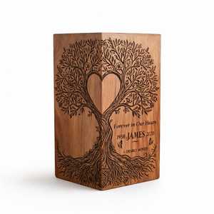 Urne funéraire en bois rectangulaire gravée motif Arbre de Vie et Cœur, boîte commémorative artisanale pour cendres, décoration religieuse pour la maison - Product Image 1