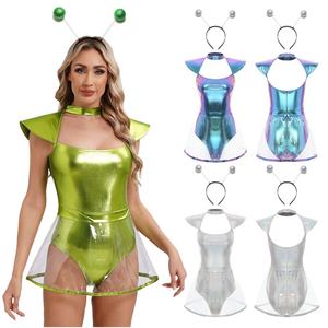 Femmes Espace Alien Cosplay Costume <span class=keywords><strong>Pvc</strong></span> Jupe Body Avec Cheveux Cerceau <span class=keywords><strong>Bandeau</strong></span> Ensembles pour Scène Performance Mascarade Discothèque - Product Image 2
