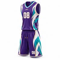 Ensemble de maillots de basket-ball sublimés personnalisés, violet, turquoise, blanc, imprimé géométrique, col en V, sans manches, maille respirante, séchage rapide, 100%