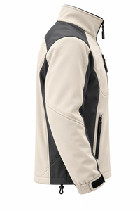 Chaqueta Softshell Personalizada para Hombre en Beige y Negro con Bloques de Color, Cuello Alto y Cierre de Cremallera, Casual, Resistente al Viento, OEM - Product Image 4