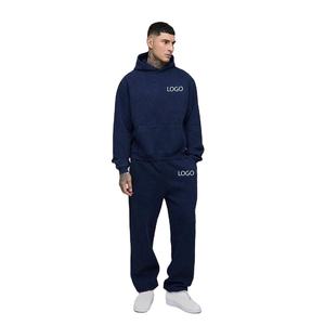 Sweat-shirt à capuche bleu foncé personnalisé avec logo et pantalon de jogging assorti pour homme, ensemble de survêtement OEM ODM, vêtements en gros - Product Image 1