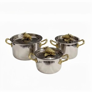 Ensemble de 4 casseroles en acier inoxydable argenté poli, martelé à la main, au design élégant, avec couvercles dorés en forme de citrouille, boîtes de rangement et plateau - Product Image 5