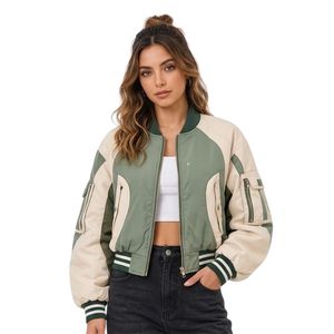 Long Sleeve <b>White</b> <b>Women</b> Bomber <b>Jackets</b> Long Sleeve Relaxed Fit Wholesale Streetwear Crop Bomber <b>Jackets</b> - Product Image 1