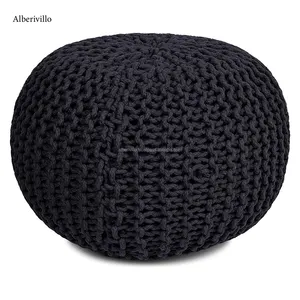Luxury Home Decorative Cotton Ottoman Pouf Black Round Crochet Pouffe