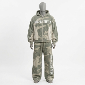 Men Sage Green <b>Camouflage</b> Zip Up Hoodie <b>Tracksuit</b> Set Oversized Loose Fit Streetwear Custom OEM ODM Wholesale - Product Image 3