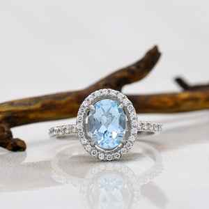 Anillo de compromiso de aguamarina con corte ovalado y halo, piedra de nacimiento de marzo, plata de ley 925, gema azul, anillo de boda para mujer - Product Image 5
