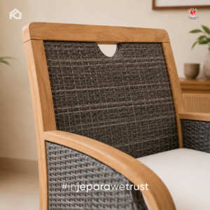Chaise longue en teck et rotin de luxe, style moderne minimaliste, housse en lin écologique, pour salon, balcon, hôtel, mobilier de resort - Product Image 3