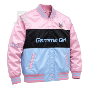 Custom Gamma Phi Delta Sorority Racing jacket embroidered logo light blue and pink Racing Style for female with polyester lining - Product Image 2