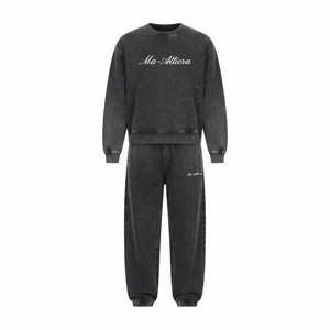 Men Mineral Wash Black Crewneck Sweatshirt Sweatpants <b>Set</b> Casual Streetwear <b>Matching</b> Clothes Oversized <b>Jogger</b> <b>Set</b> - Product Image 3