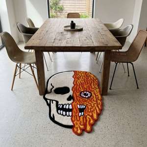 Alfombra Moderna de Lana Tejida a Mano con Diseño Geométrico Único de Calavera y Llama, Antideslizante, de Pelo Medio, para Sala de Estar, Dormitorio y Hogar - Product Image 4
