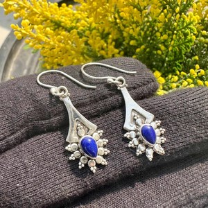 Boucles d'oreilles pendantes en lapis-lazuli faites à la main, argent sterling 925, pierres précieuses naturelles, bijoux cadeau pour femmes - Product Image 4