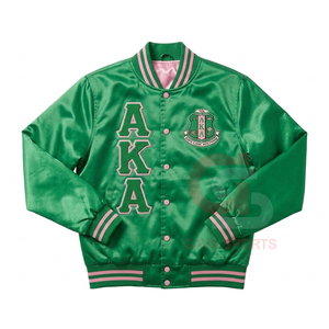 Chaqueta bomber de satén verde y rosa con letras griegas, cortavientos, estilo AKA, para mujer, ideal para universidades y HBCU. - Product Image 1