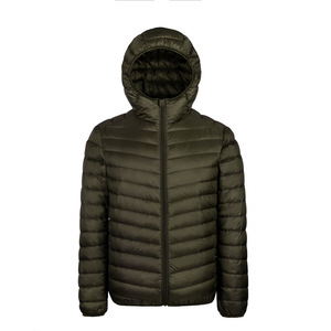Men's Ultra-<b>Light</b> Canvas Hooded Puffer <b>Jacket</b> Stand Collar Windproof Coat Olive Green for Winter High Street Style Front Logo - Product Image 1