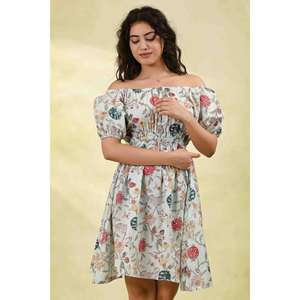 Robe d'été bohème en coton lavable et écologique à imprimé floral pour femme, manches courtes, taille naturelle, silhouette évasée - Product Image 1