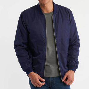 Men's Navy Blue Bomber Jacket Solid Color Stand Collar Zipper Closure Casual Autumn Wear Regular Fit Polyester Material - Product Image 1
