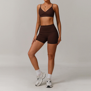 Conjunto de Yoga de 2 Piezas, Top Corto con Tirantes Finos y Cuello en V, Pantalones Cortos de Cintura Alta, Ropa Deportiva Transpirable y Absorbente de Sudor - Product Image 6