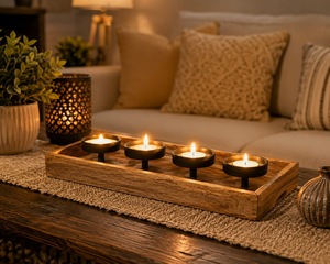 Portavelas Rectangular de Madera con 4 Portavelas Negros, Decoración para el Hogar - Product Image 1