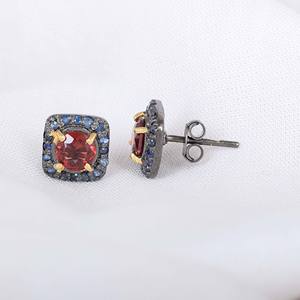 Garnet With Blue Sapphire Gemstone <b>Stud</b> <b>Earrings</b> In Handmade 925 Sterling <b>Silver</b> Raw <b>Stud</b> Fine <b>Earrings</b> Jewelry For Women's Wear - Product Image 4