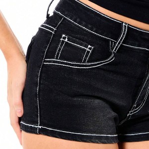 Shorts de Mezclilla Negros de Cintura Alta para Mujer, con Costuras Blancas, Estilo Casual de Verano, Corte Regular, Acabado Stonewashed - Product Image 3