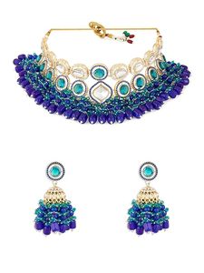 Antique Gold Plated Blue Zircon Tassel Necklace & Earring Set Women's Traditional Indian Wedding Jewelry Alloy Channel Setting - Product Image 6