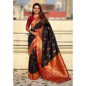 Sari en soie noire douce Elite Weaves avec un élégant motif floral Butta Meenakari Zari tissé pour robes de soirée - Product Image 5