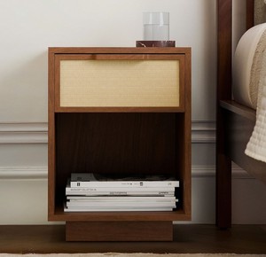 Modern Wood Nightstand With Rattan Weave Drawer <b>Storage</b> Midcentury Design Bedroom Furniture Single Drawer <b>Bedside</b> Table - Product Image 4