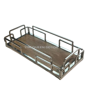 Silver Stainless Steel Metal Rectangular Shape With <b>Side</b> Handle Serving Wood Tray Home Dinnerware Dishes & <b>Plates</b> - Product Image 1