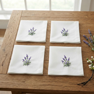 Serviettes de table en coton blanc personnalisées en gros, 50x50cm, lavables en machine, broderie motif lavande, pour la maison, l'hôtel, les mariages et les événements - Product Image 6