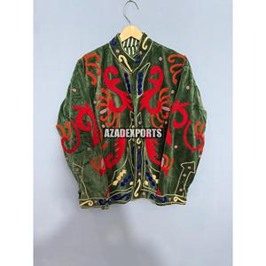 Green <b>Velvet</b> Mandarin Collar Jacket with <b>Red</b> Embroidery Full Sleeve Winter Women's Outerwear Quick Dry Cotton Lining Pullover - Product Image 1