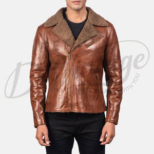 Veste en cuir véritable marron pour homme avec col en fourrure Sherpa, veste de motard slim fit chaude pour l'hiver, manteau en cuir décontracté - Product Image 4