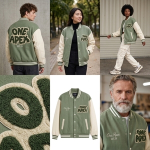 Veste universitaire sur mesure vert sauge pour homme, veste en laine mélangée, veste de style Letterman, patch en chenille, veste bomber universitaire, OEM Streetwear - Product Image 3