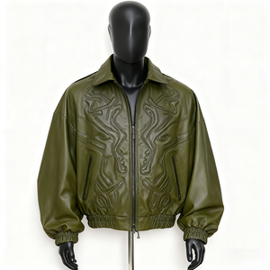 Customize Men's <b>Brown</b> Genuine <b>Leather</b> PU Biker <b>Jacket</b> Stand Collar Zipper Waterproof High Street Winter Cotton Lining Front 220g - Product Image 1