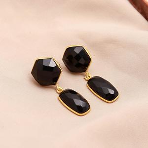 Handmade <b>Black</b> Onyx Gemstone Fancy Shape <b>Stud</b> <b>Earring</b> Gold Vermeil Wedding/Anniversary Gift for Women Made in India - Product Image 3