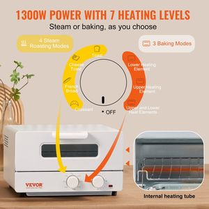 Forno a Vapore 5-IN-1 da 1300W, Forno a Convezione da 12L, Grill da Banco, Teglia per Pizza, Guanti, Forno a Vapore 5-IN-1 da 2 Porzioni - Product Image 4