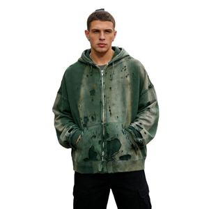 Sudadera con capucha unisex de invierno, personalizada, verde, extragrande, de algodón 100% de alto gramaje, con lavado ácido, efecto desgastado por el sol, rotos y desgastados, con cremallera - Product Image 1