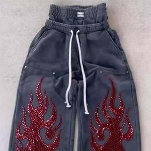 Wide Leg <b>Trousers</b> Gothic Y2K Fashion Pants Red Crystal Fire Solid Elastic Waist Drawstring Fleece Leggings Hip Hop Casual 100% - Product Image 6