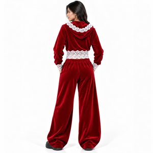 Ensemble de survêtement en velours rouge personnalisé pour femme ODM, avec finition en dentelle, sweat à capuche court zippé et pantalon large, tenue de détente 2 pièces OEM - Product Image 2