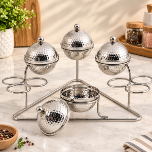 Ensemble de service moderne de luxe pour fruits secs, 4 bols en acier inoxydable martelé durable argenté avec couvercles, support métallique et porte-cuillères, pour dattes - Product Image 4