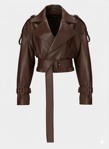 Manteau trench court en similicuir de haute qualité pour femme, veste biker en PU à double boutonnage avec ceinture ajustable, vêtement d'extérieur streetwear - Product Image 2