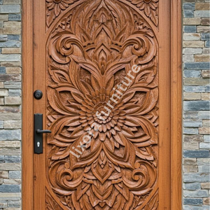 Puerta Principal de Madera Sólida Tallada a Mano con Mandala Floral, Decoración Artística para Entrada Exterior - Product Image 3