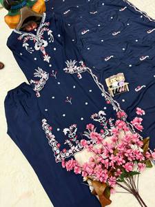 Conjunto Indio-Pakistaní Azul Bordado, Kurta Larga, Palazzo, Salwar Kameez, Traje Festivo, Seda Chinon, Todas las Temporadas, Secado Rápido - Product Image 6
