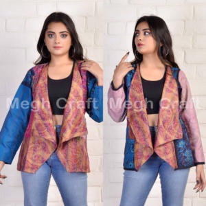 Ladies Vintage Fashion Reversible Shrug Jacket Kantha Hand Embroidered Blazer Cardigan 100% Cotton Patterned Patchwork Design - Product Image 2