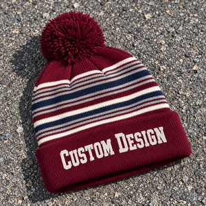 Bonnet d'hiver en tricot pompon avec texte brodé personnalisé, bonnet rayé à revers, unisexe, chaud, doux, en acrylique, style sportif, couvre-chef pour équipe - Product Image 3